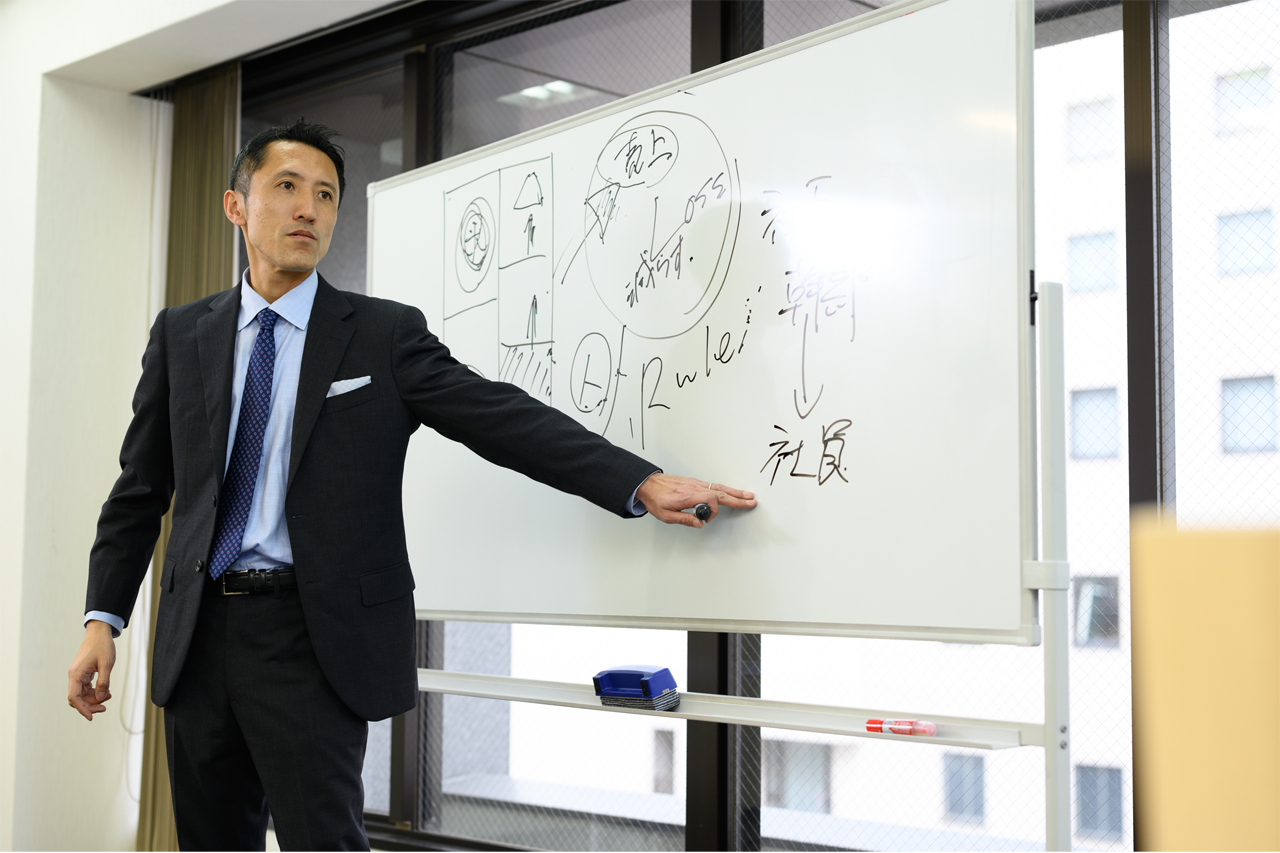 池尻さんがホワイトボードで説明している写真